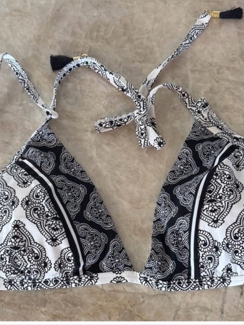 La Blanca Oasis Tile Triangle Halter Bikini Top Black White Tassel UPF 50+